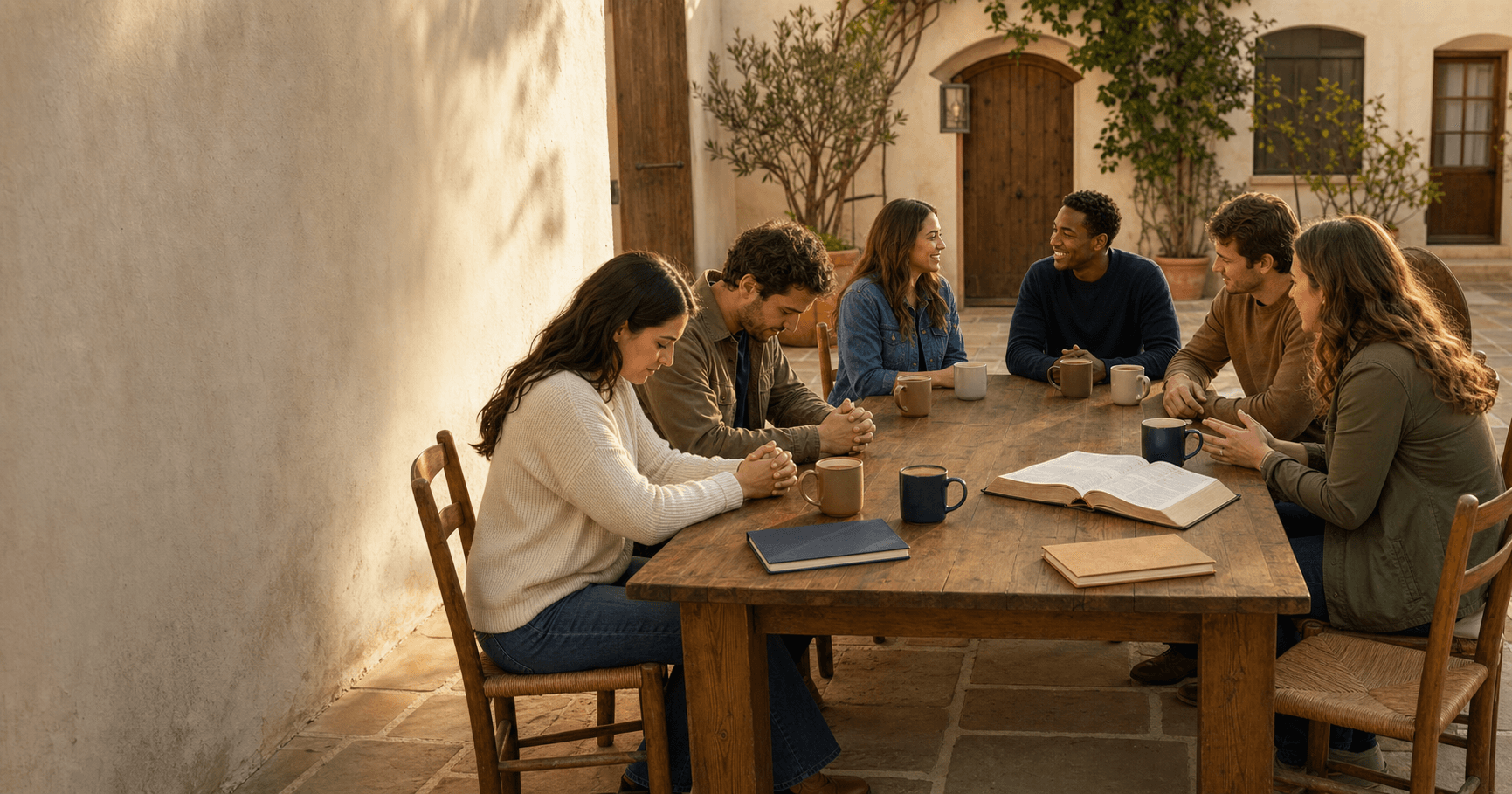 Christians sharing conversation, prayer, and friendship around a table